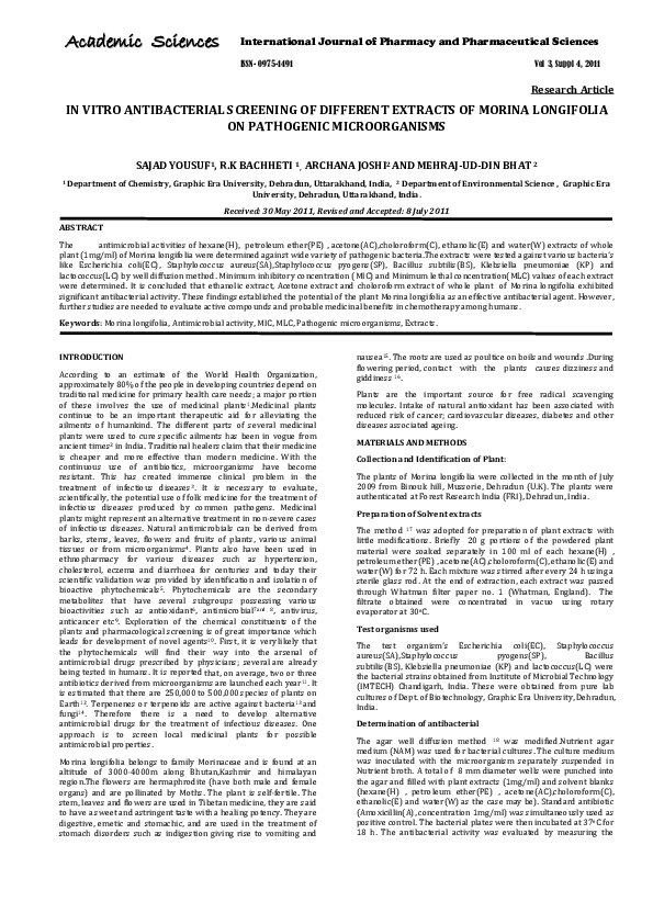 (PDF) In Vitro Antibacterial Screening of Different Extracts of Morina