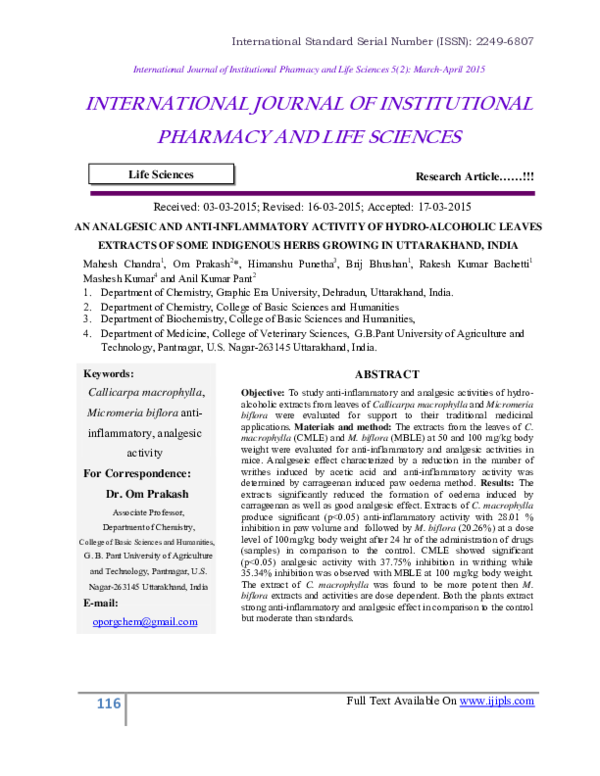 (PDF) An Analgesic and AntiInflammatory Activity of HydroAlcoholic