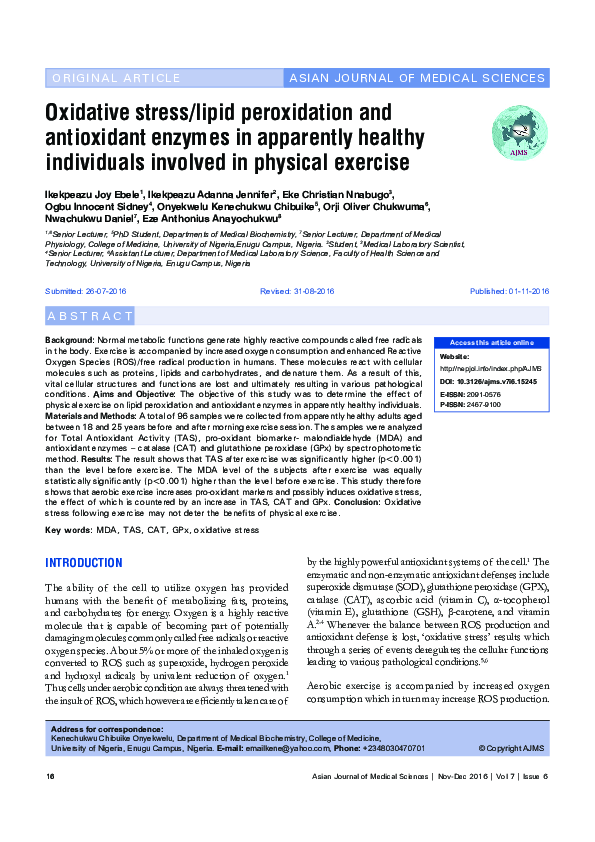 (PDF) Oxidative stress/lipid peroxidation and antioxidant enzymes in ...