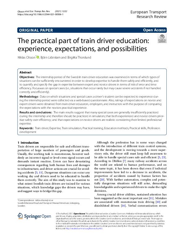 (PDF) The practical part of train driver education: experience ...