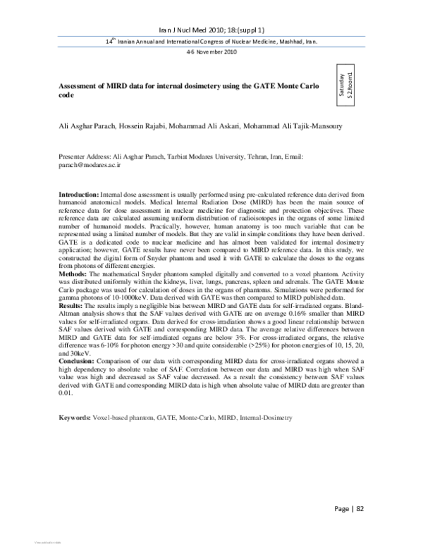 (PDF) Assessment of MIRD data for internal dosimetery using the GATE ...