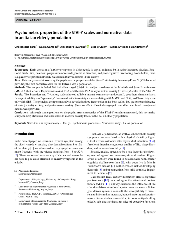 (PDF) Psychometric properties of the STAI-Y scales and normative data ...