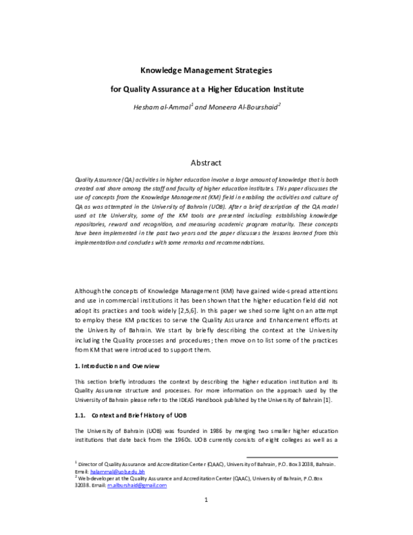 (PDF) Knowledge Management Strategies for Quality Assurance at a Higher ...