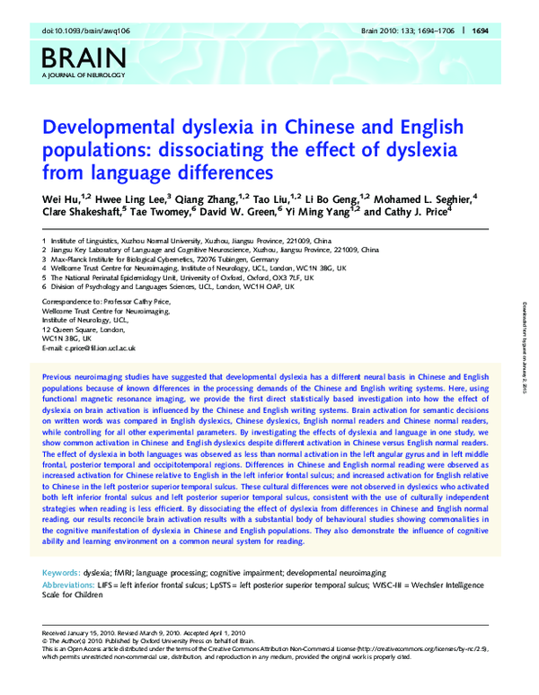 (PDF) Developmental dyslexia in Chinese and English: Dissociating the ...