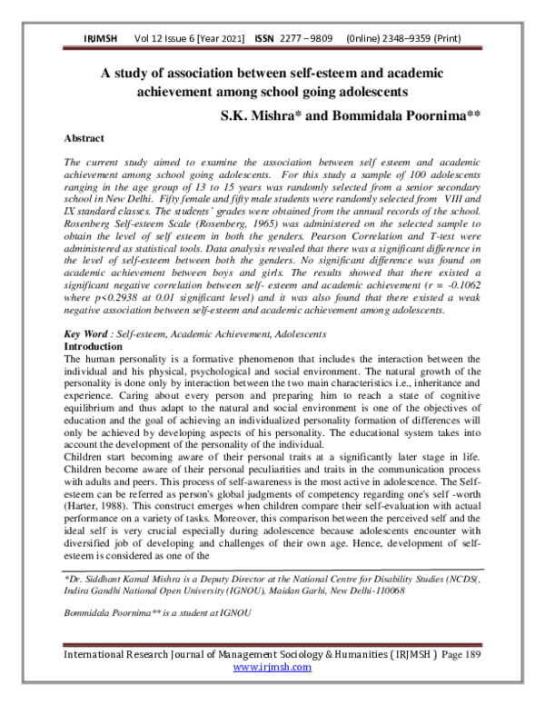 (PDF) A study of association between self-esteem and academic ...