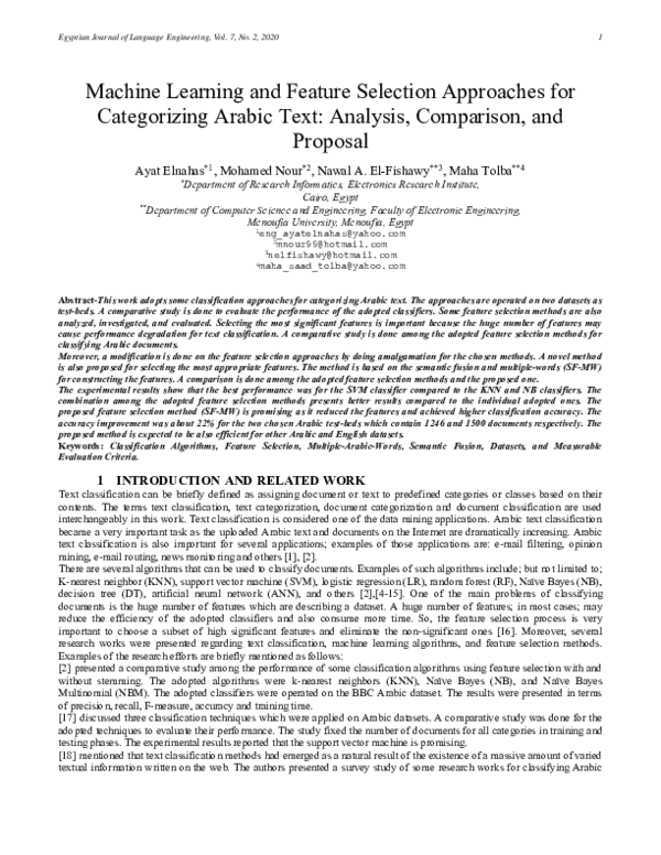 (PDF) Machine Learning and Feature Selection Approaches for ...