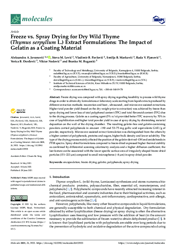 (PDF) Freeze vs. Spray Drying for Dry Wild Thyme (Thymus serpyllum L