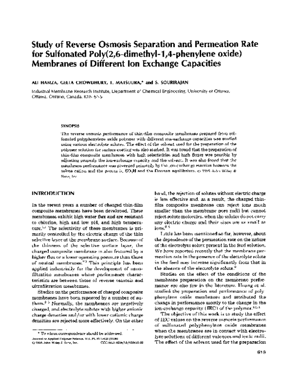 Study of reverse osmosis separation and permeation rate for sulfonated poly(2,6-dimethyl-1,4-phenylene oxide) membranes of different ion exchange capacities