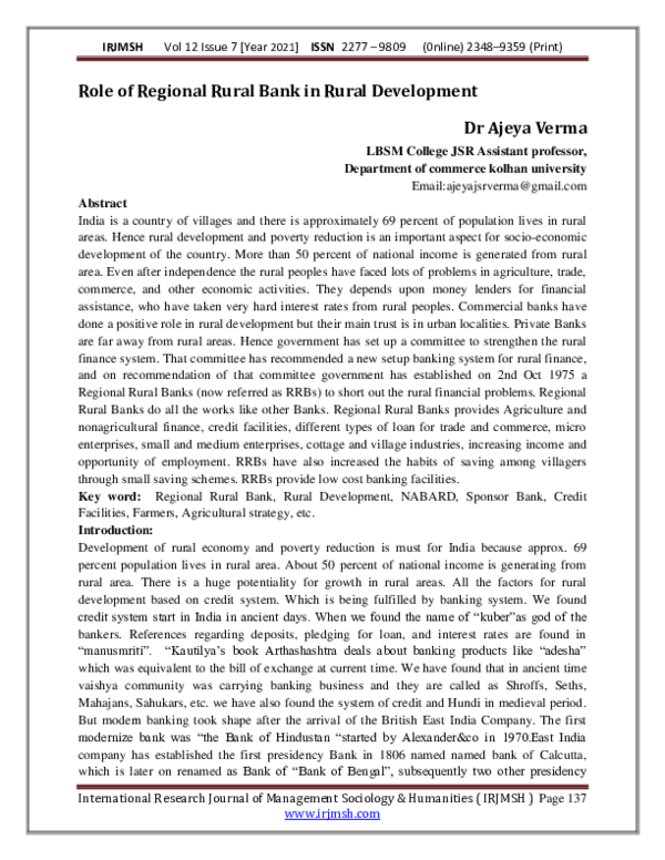 (PDF) Role of Regional Rural Bank in Rural Development