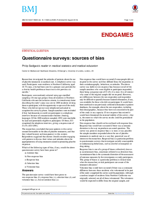 (PDF) Questionnaire surveys: Sources of bias