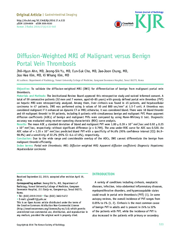 (PDF) Diffusion-Weighted MRI of Malignant versus Benign Portal Vein ...