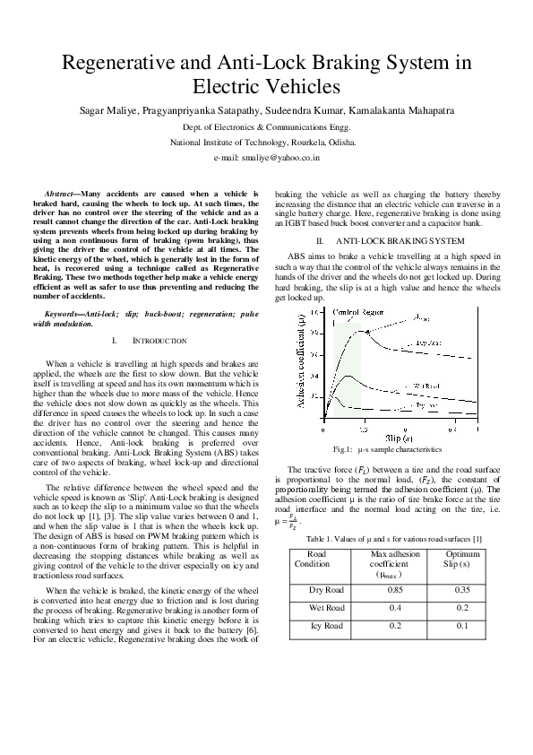 (PDF) Regenerative and Anti-Lock braking system in electric vehicles