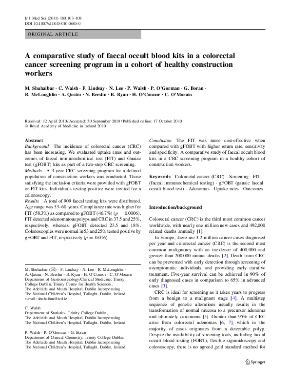 (PDF) A comparative study of faecal occult blood kits in a colorectal ...
