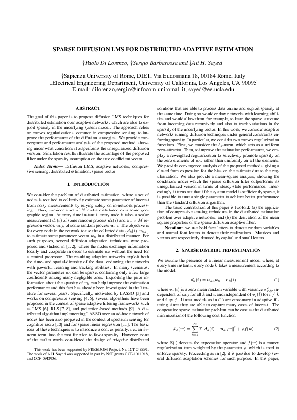 (PDF) Sparse diffusion LMS for distributed adaptive estimation
