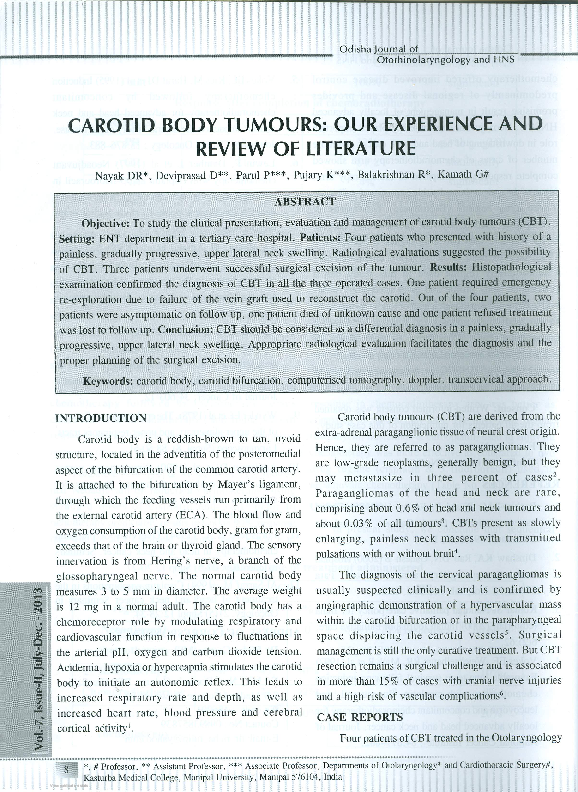 (PDF) Carotid Body Tumors: Our experience and review of Literature