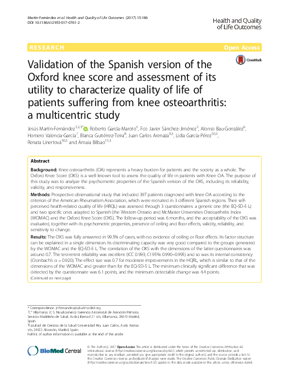 (PDF) Validation of the Spanish version of the Oxford knee score and