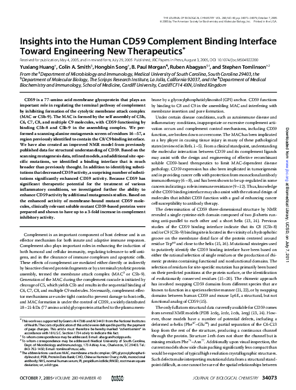 (PDF) Insights into the Human CD59 Complement Binding Interface Toward ...