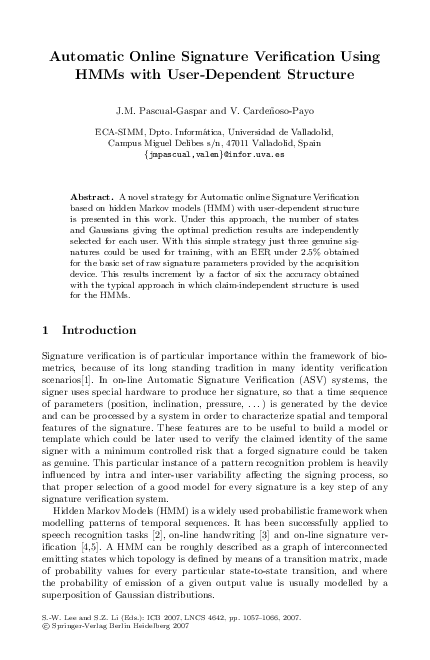(PDF) Automatic online signature verification using HMMs with user ...