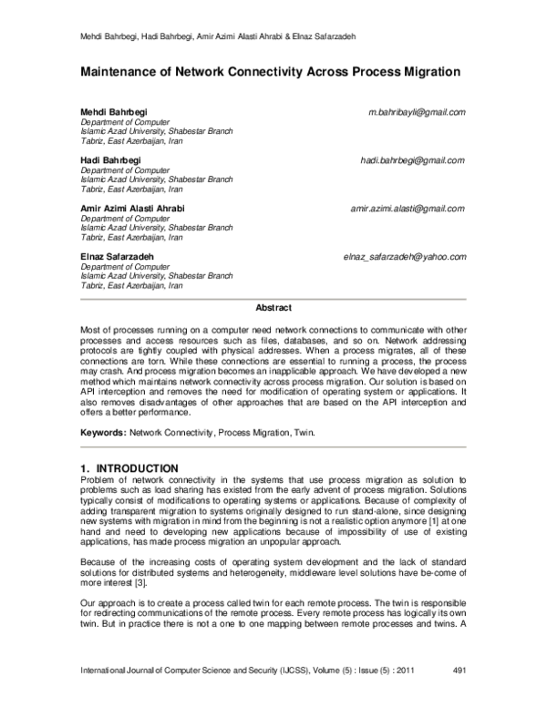 (PDF) Maintenance of Network Connectivity Across Process Migration