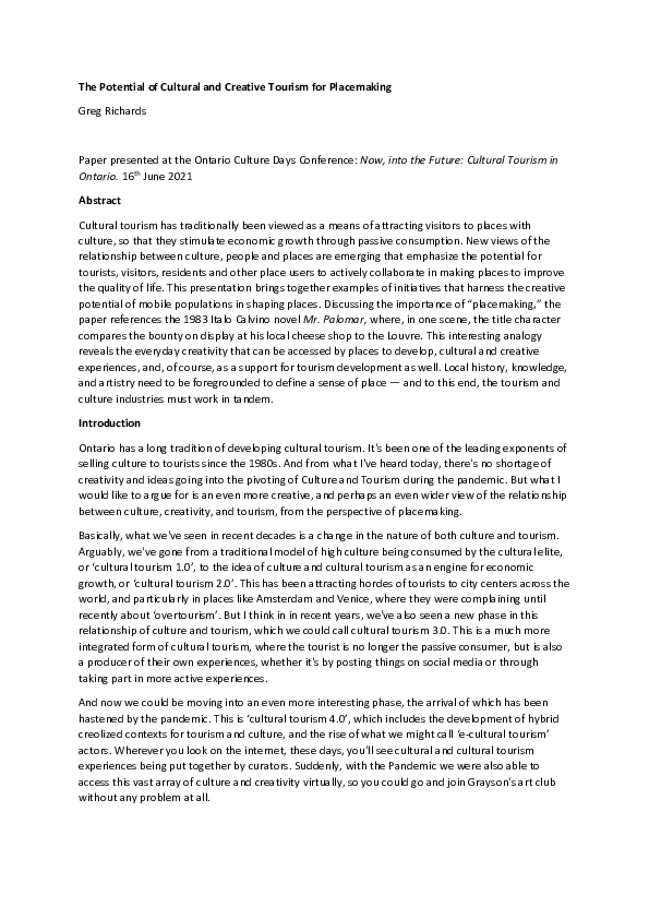 (PDF) The Potential of Cultural and Creative Tourism for Placemaking.pdf