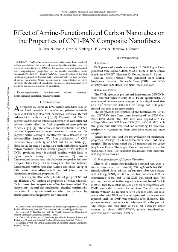 (PDF) Effect of Amine-Functionalized Carbon Nanotubes on the Properties ...