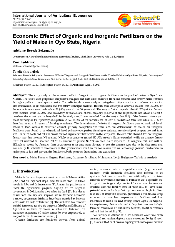 (PDF) Economic Effect of Organic and Inorganic Fertilizers on the Yield ...