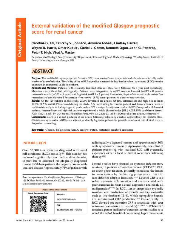 (PDF) External validation of the modified Glasgow prognostic score for ...