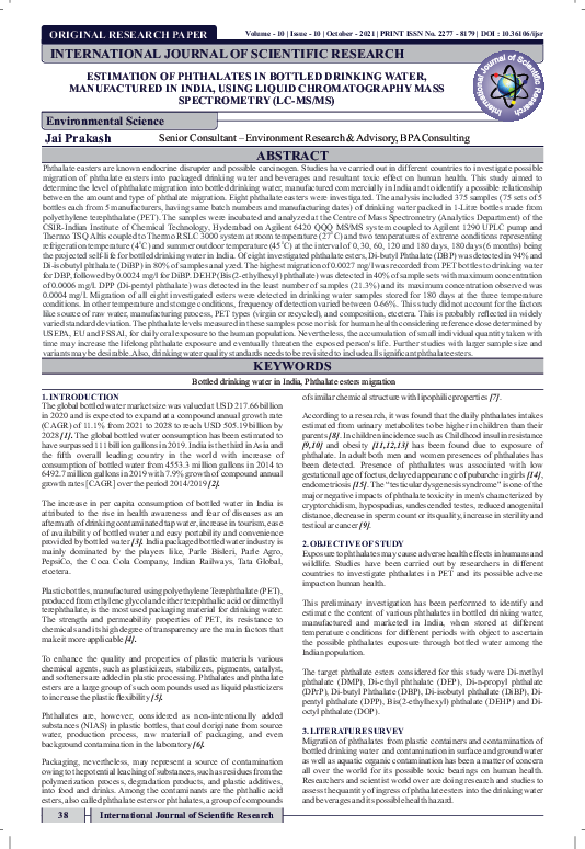 (PDF) ESTIMATION OF PHTHALATES IN BOTTLED DRINKING WATER, MANUFACTURED ...