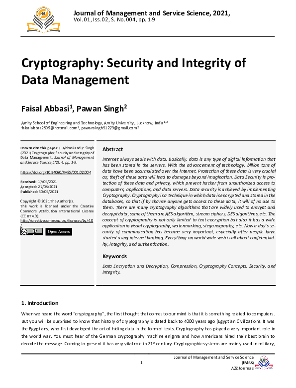 (PDF) Cryptography: Security and Integrity of Data Management