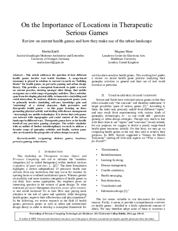 (PDF) On the Importance of Locations in Therapeutic Serious Games ...