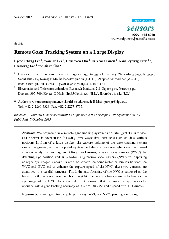 (PDF) Remote gaze tracking system on a large display