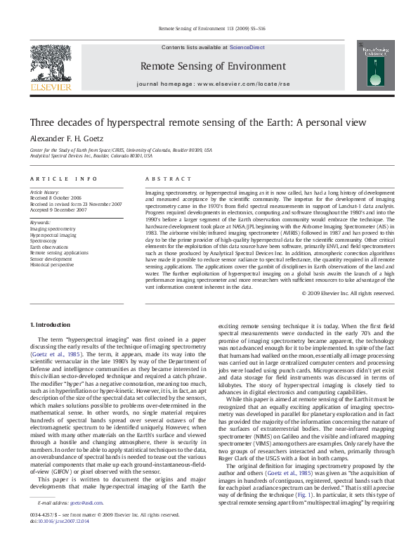 (PDF) Three decades of hyperspectral remote sensing of the Earth: A ...