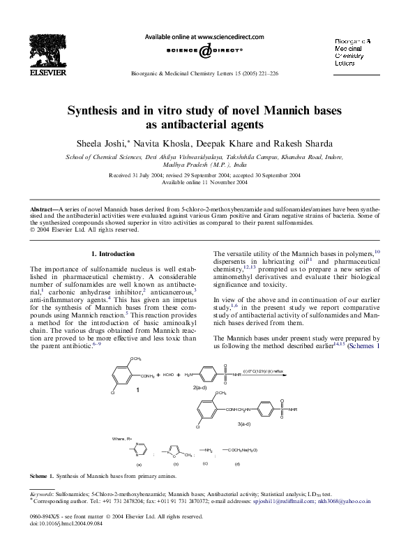 (PDF) Synthesis and in vitro study of novel Mannich bases as ...