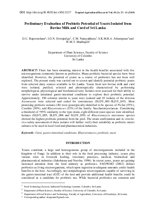 (PDF) Preliminary evaluation of probiotic potential of yeasts isolated ...