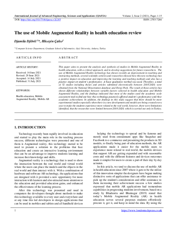 (PDF) The use of Mobile Augmented Reality in health education review