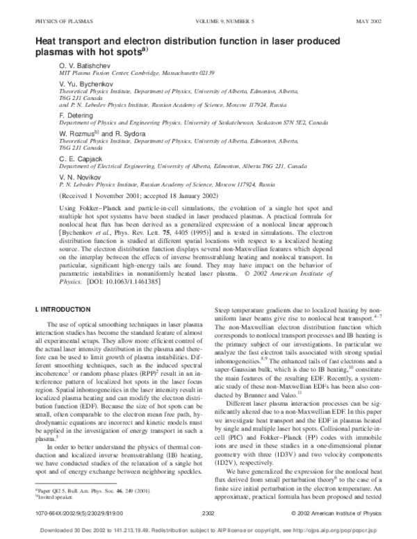 (PDF) Heat transport and electron distribution function in laser ...