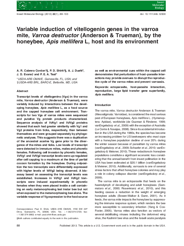 (PDF) Variable induction of vitellogenin genes in the varroa mite ...