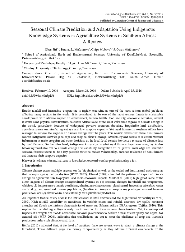 PDF) Seasonal Climate Prediction and Adaptation Using Indigenous 