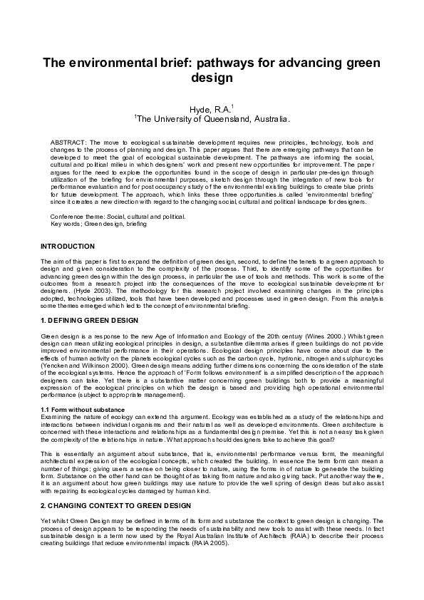 (PDF) The environmental brief: Pathways for advancing green design