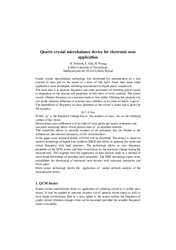 (PDF) Quartz Crystal Microbalance Device for Electronic Nose