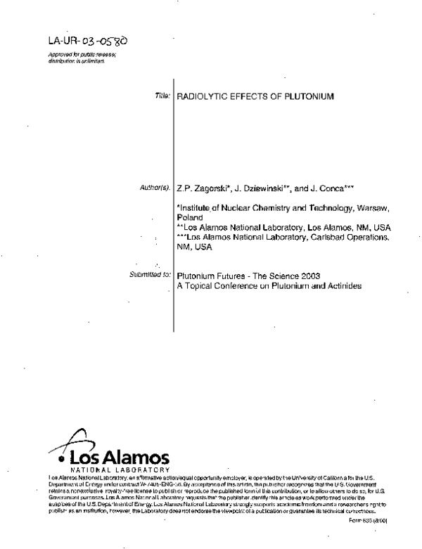 (PDF) Radiolytic Effects of Plutonium