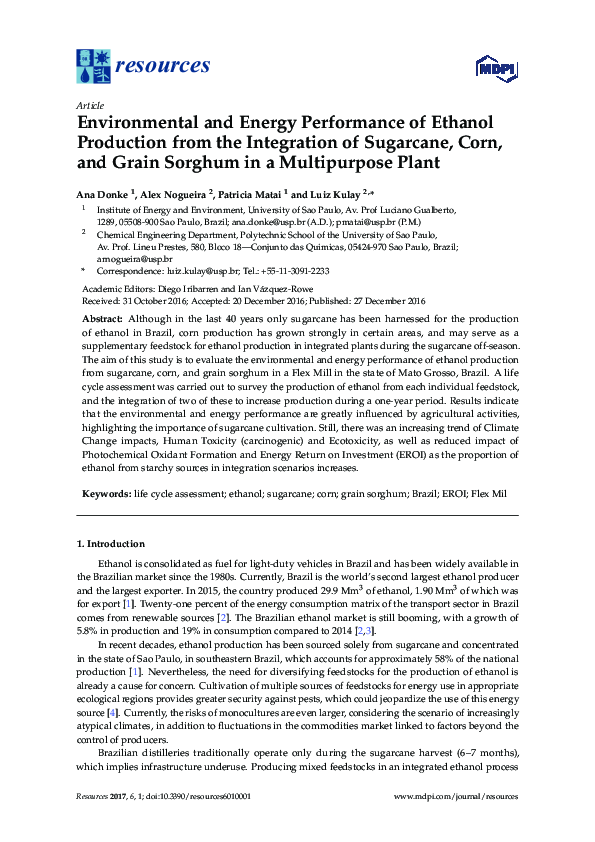 (PDF) Environmental and Energy Performance of Ethanol Production from ...