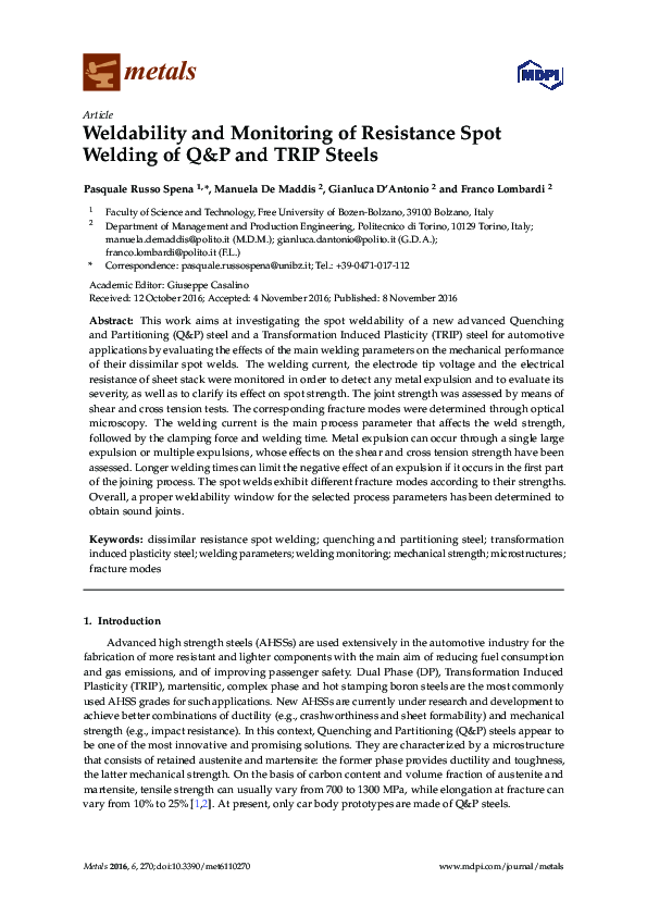 (PDF) Weldability and Monitoring of Resistance Spot Welding of Q&P and ...