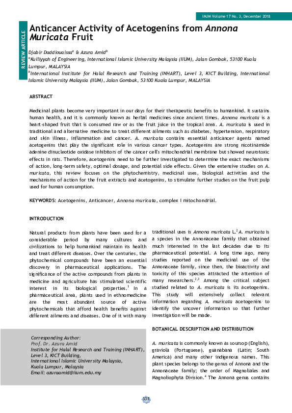 (PDF) Anticancer Activity of Acetogenins from Annona Muricata Fruit