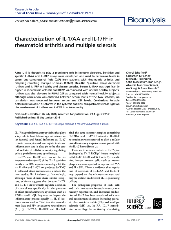 (PDF) Characterization of IL-17AA and IL-17FF in rheumatoid arthritis ...