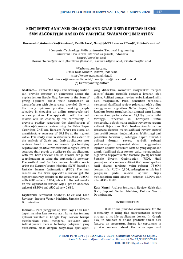 (PDF) Sentiment Analysis on Gojek and Grab User Reviews Using SVM ...