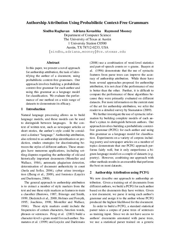 (PDF) Authorship Attribution Using Probabilistic Context-Free