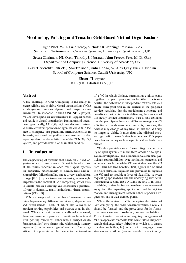 (PDF) Monitoring, policing and trust for grid-based virtual organisations