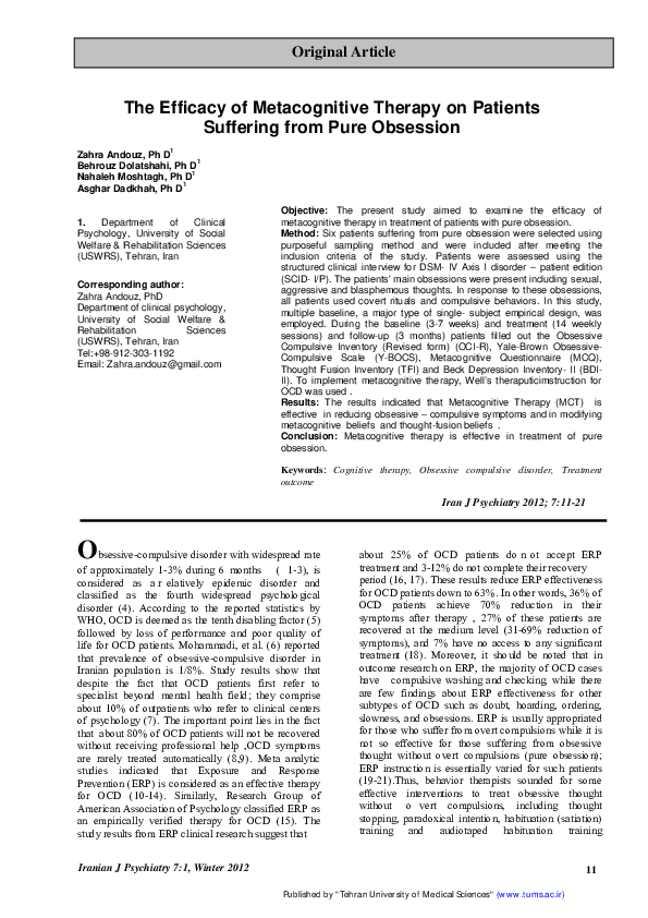 (PDF) The efficacy of metacognitive therapy on patients suffering from ...