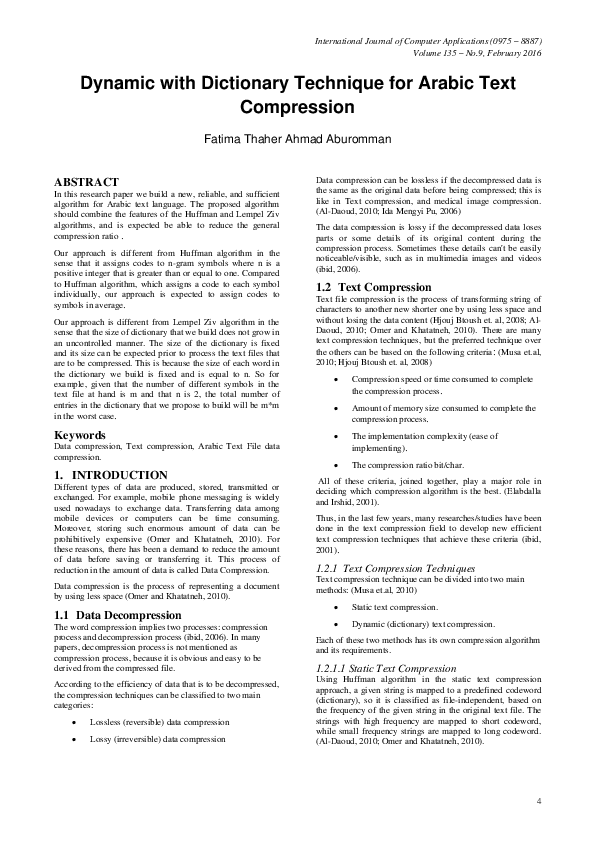 (PDF) Dynamic with Dictionary Technique for Arabic Text Compression